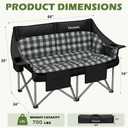 Youtanic 60" Extra Double Camping Chair, 700lbs Heavy Duty Padded Loveseat for Adults, Oversized 2 Person Folding Camp Couch with Dual Cup Holders, Portable Plaid Lawn Chair for Outside, Sports, Black