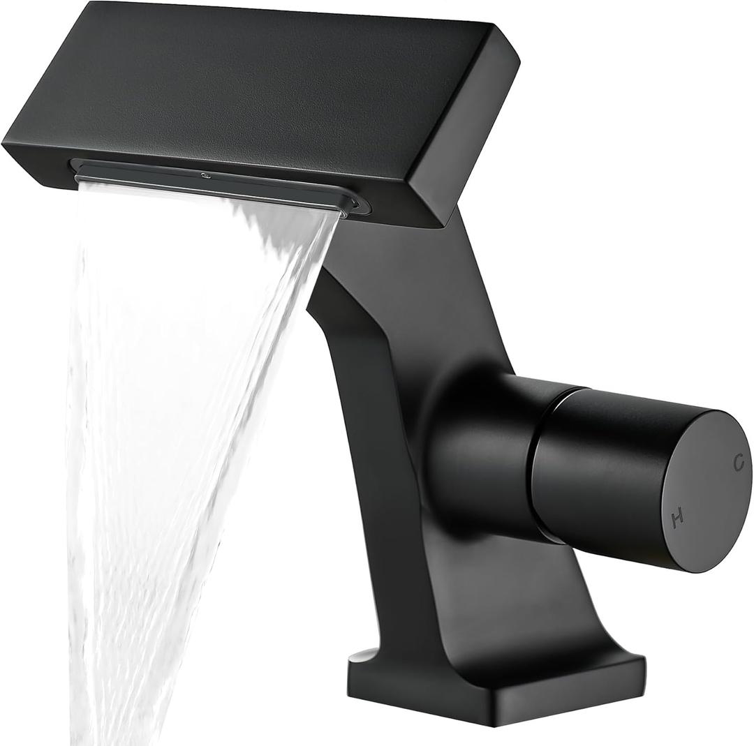 BAKALA Black Waterfall Bathroom Faucets, Single Hole Single Handle Brass Bathroom Sink Faucet Deck Mount, Rv Lavatory Vanity Faucet with 2 Supply Holes
