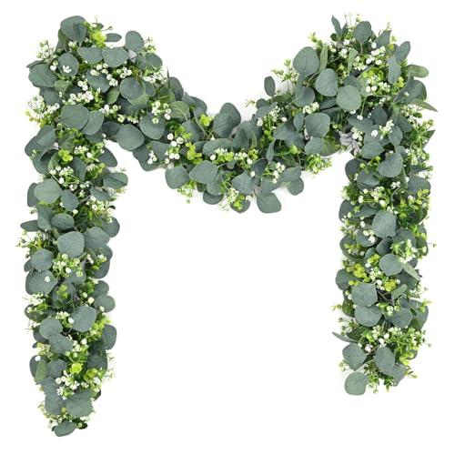 Waipfaru Eucalyptus Garland, 5.9FT Greenery Garland, Green Garland with Flowers, Artificial Faux Silver Dollar Eucalyptus Leaves Vines for Table Home Wedding Mantle Party Indoor Outdoor Decor