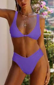 Bikini Set for Women Solid V Neck Knot Front Push Up High Leg Thong Two Piece Swimsuit S
