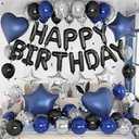 Navy Blue Birthday Party Decorations Set – 92Pcs Set with Banner, Star Garland, Crown, Heart & Star Foil Balloons, Fringe Curtain, Cake Topper, Tablecloth, Latex & Confetti Balloons for Men & Women