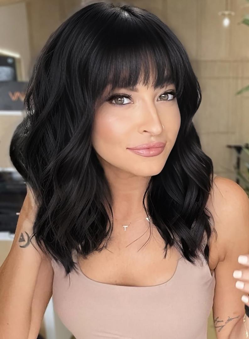 AISI HAIR Bob Curly Wig Synthetic Short Black Wig with Bangs Natural Looking Heat Resistant Fiber Hair for Women