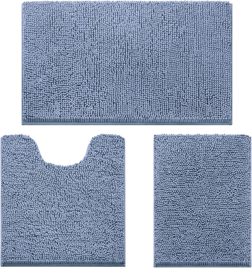 HOMEIDEAS 3 Pieces Bathroom Rugs, Ultra Soft Non Slip Absorbent Chenille Toilet Bath Mat Set (Grey Blue)