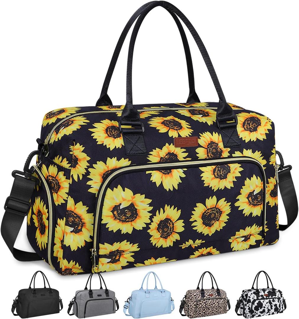 Weekender Bags for Women, LEBFEO Gym Bag for Women with Shoes Compartment, Personal Item Travel Bag, Carry on Overnight Travel Duffel Bag, Hospital Bags for Labor and Delivery, sunflower
