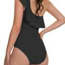 Beautikini Period Swimwear One Piece Menstrual Leakproof Swimsuit One Shoulder Ruffle Bathing Suits for Girls Teens (Black, L)