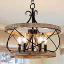 20" Farmhouse Chandelier, Rustic Drum Chandelier Light Fixture Over Table, 5-Light Pendent Light for Dining Room Vintage Wood Chandelier for Bedroom Hanging Lamp for Kitchen