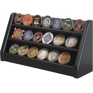3 Rows Military Challenge Coin Holder Display Stand Rack Shelves, Solid Wood Display Case (Black Finish)
