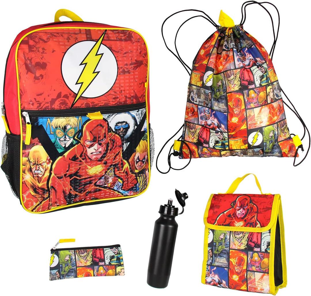 Bioworld DC Comics The Flash 16" Backpack Cinch Bag Water Bottle Lunch Tote 5 Pc Set