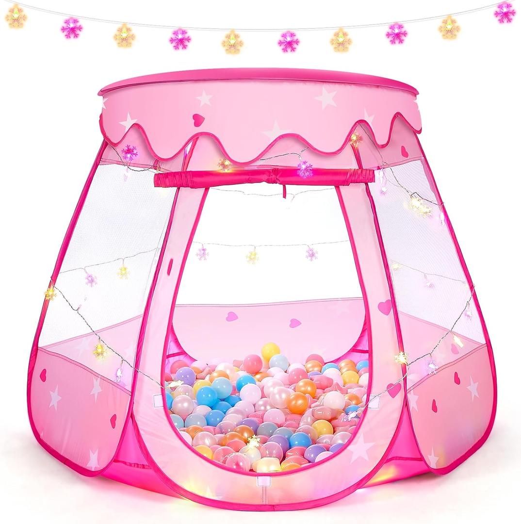 Baby Girl Toys for 1 2 3 Year Old Birthday Gift, Pop Up Princess Tent with Star Lights for 6 12 18 Months Babies, Ball Pits for Toddlers 1-3 with Carrying Bag, Play Tent for Kids Indoor|Outdoor