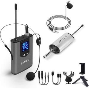 HOTEC UHF Wireless Headset Microphone/Lavalier Lapel Mic with Bodypack Transmitter and Mini Rechargeable Receiver 1/4" Output for Vlogging or Speech (silver)