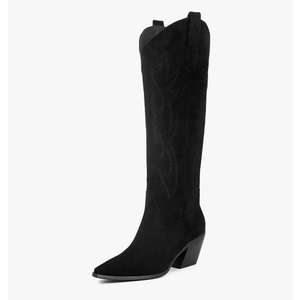 iiimmu Cowgirl Boots Women Knee High Boots Pointed Toe and Block Heel Cowboy Suede and Faux Leather Boots with Embroidered 8.5
