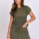 ANRABESS Women Two Piece Outfits Crochet Sheer Knit Sweater Top Wide Leg Pants Lounge Matching Sets Sweatsuit Travel Clothes (Green, L)