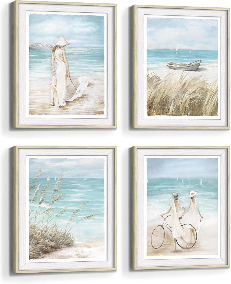 Beach Framed Wall Art Picture: Bedroom Modern Coastal Ocean View Print Decor Abstract Blue Sea Boat Seascape Painting Relaxing Tropical Landscape Seaside Seashore Scene Artwork for Living Room, 11"x14"x4Pcs
