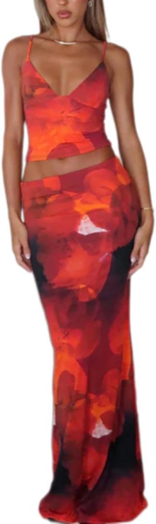 ksotutm Maxi Skirt Set Floral Print Halter Top Maxi Skirt Sexy Going Out Outfits for Women (Medium, Orange)