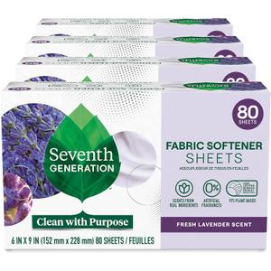 Seventh Generation Dryer Sheets Fabric Softener Fresh Lavender Scent with 100% Essential Oils and Botanical Ingredients, 80 Count (Pack of 4), Lavender