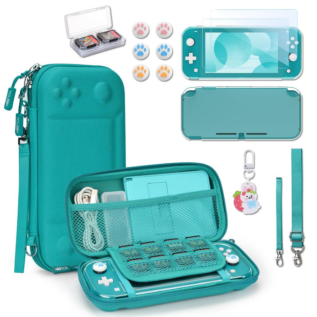 Younik Switch Lite Case, Portable Switch Lite Carrying Case, 14 in 1 Accessories Kit with Carrying Case, Protective Cover, Game Card Case, Screen Protectors, Thumb Grips, Pendant and straps (Green)