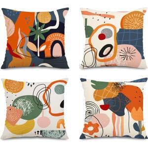 Jartinle Abstract Mid Century Modern Throw Pillow Covers 18x18 Colorful Boho Orange Aesthetic Floral Geometric Pillow Covers for Couch Outdoor Decor Set of 4
