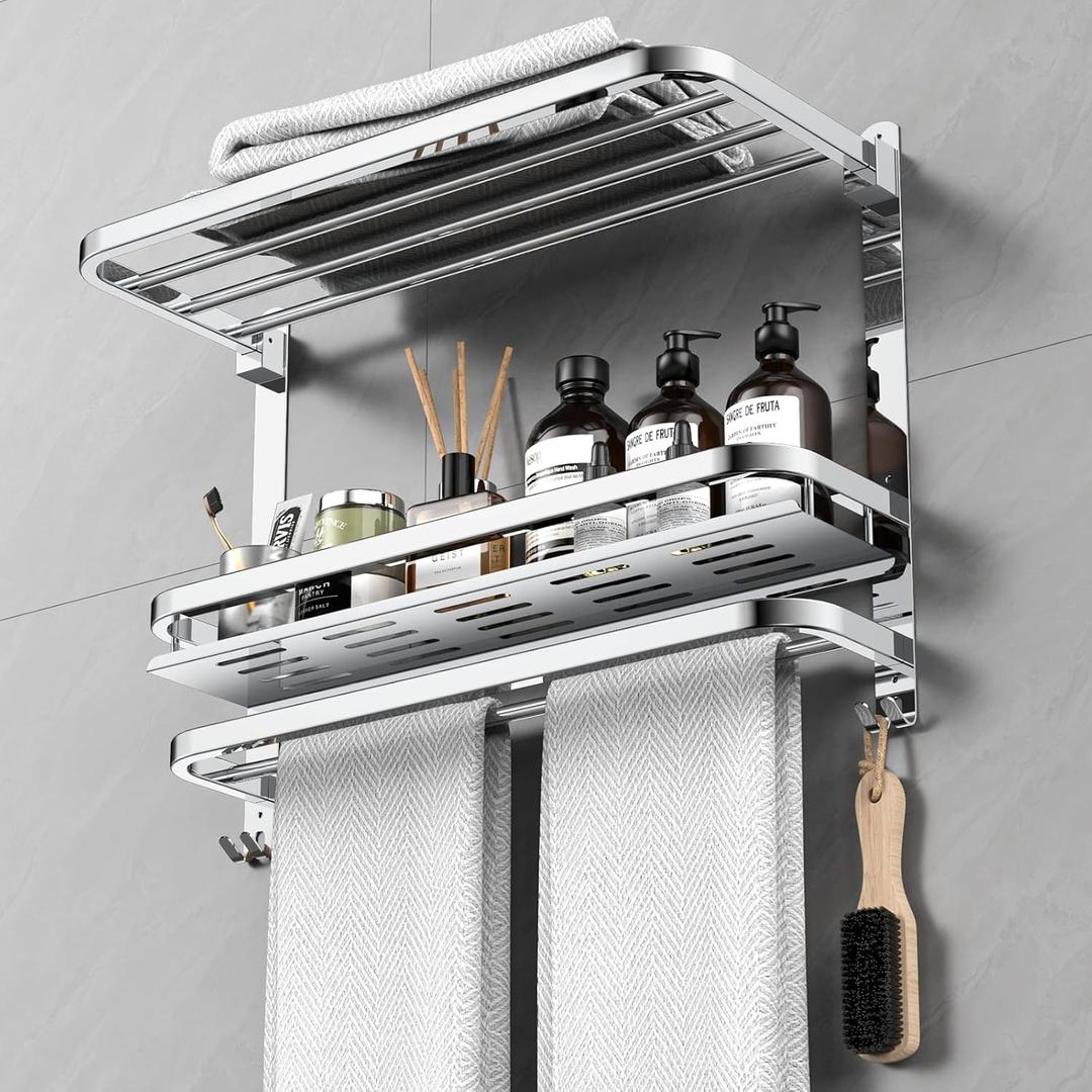 CAXIMSY 22.8Inch Towel Rack for Bathroom and Lavatory Towel Hanger with Wall Mount Towel Bars 304 Stainless Steel No Drill (Collapsible Towel Rack with Bathroom Organize Shower Shelves)