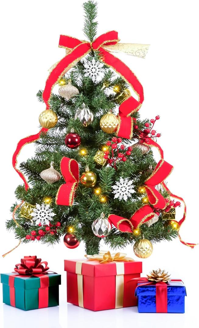 3 FT Pre-Lit Artificial Christmas Tree, Small Christmas Tree with 50 LED Warm Lights,36 Inch Mini Table Top Tree, Xmas Desk Small Tree with Hanging Ornaments for Holiday Indoor DIY Decor