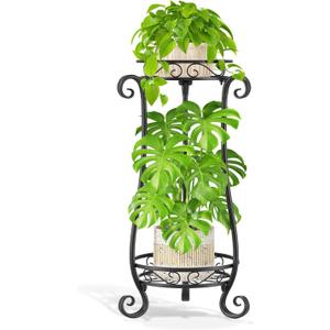 LASZOLA 2 Tier Black Metal Plant Stand for Multiple Large Planters Indoor Outdoor Organizer, Heavy Duty Tall Flower Stand for Corner Patio Bathroom Office, Modern Sturdy Vertical Iron Rack, Cat Proof