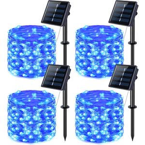 JMEXSUSS 4 Pack 100 LED Solar Fairy Lights, 33ft Blue Solar String Lights Outdoor Waterproof, 8 Modes Copper Wire Solar Twinkle Lights for Patio Garden Yard Tree Christmas Halloween Decor