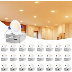 VOLISUN 24 Pack 3 inch Recessed Lighting, 5CCT LED Recessed Light with Junction Box, 2700K-5000K Selectable, Dimmable Canless Wafer Downlight, LED Ceiling Light ETL Certificated
