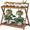 Indoor Plant Stand for Multiple Plants 2 Tier Wood Corner Plant Shelf Rack with Planter Hanger Outdoor Flower Pot Stand Holder for Yard Patio Garden Balcony Porch Living Room ( Rustic X-Cross)