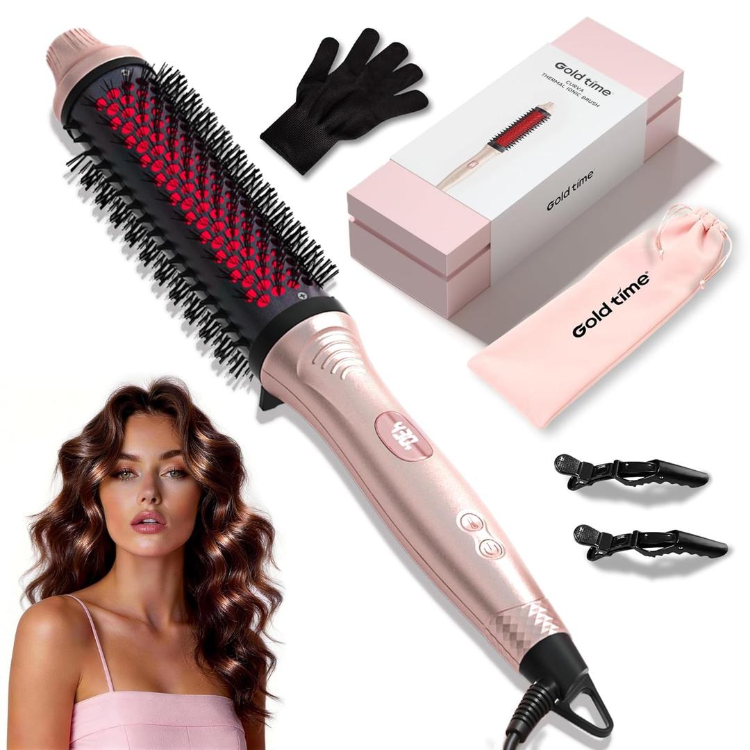 Infrared Thermal Brush 1.65”, 100M Negative Ions 2-in-1 Curling & Straightening Round Brush, 6 Heat Settings, Dual Voltage Styler, Lightweight & Quiet, Auto Shut-Off, Elegant Gift Box for Women Pink