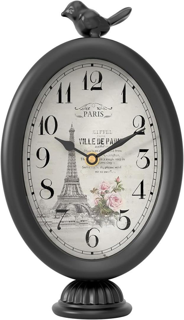 Vintage Table Clock with Bird, Desk and Shelf Decor Clock, French Paris Style, Antique Black Metal Mantel Clocks for Living Room, Farmhouse, Bedroom, Bedside, Gift (10" H x 5.9" W)
