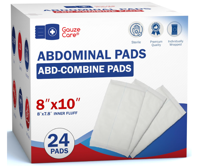 GauzeCare Sterile Abdominal ABD Combine Pads| 24Pack, 8x10 Inches| Extra Absorbent & Thick, Individually Wrapped Wound Dressing, First Aid Pads| SurgicalGrade, Nonstick for Heavy Leakage, Post Op