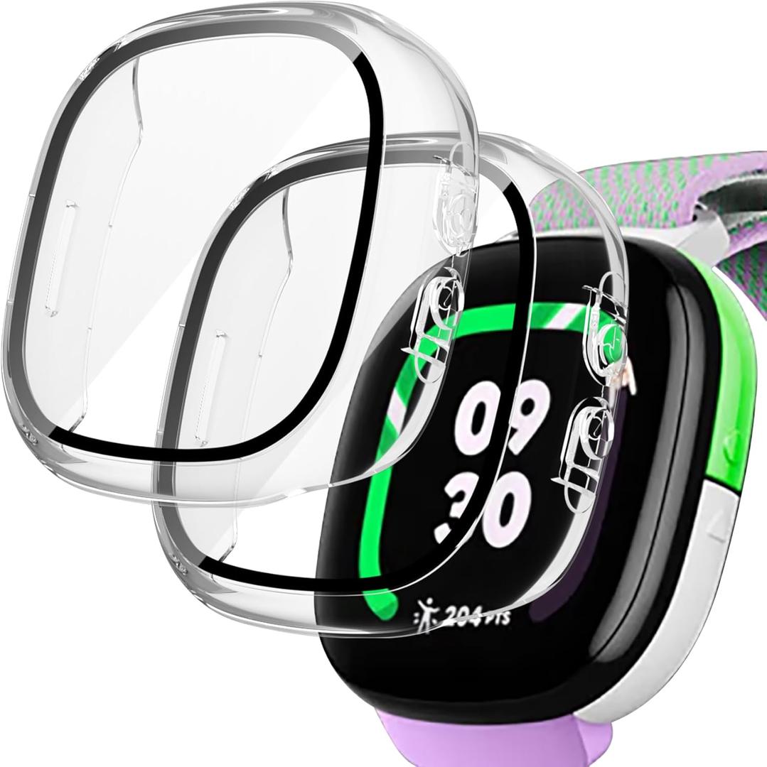 2-Pack Screen Protector Compatible with Fitbit Google Ace LTE Case, Tempered Glass All-Around Protective Screen Full Hard PC Cover Bumper Compatible for Fitbit Google Ace LTE Smart Watch (Clear+Clear)