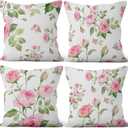 Pink Roses Throw Pillow Covers Blooming Floral Set of 4 Vintage Countryside Small Flower Green Leaves Linen Square Pillowcases for Couch Sofa Bedroom Patio Farmhouse Chair 16x16 Inch (White)