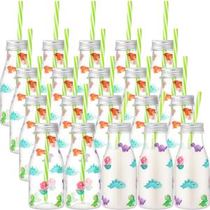 Yungyan 20 Pcs Plastic Dinosaur Milk Bottles with Straws and Lids Small Clear Milk Jar with Lids Mini Juice Bottles and 300 Sticker Labels for Theme Birthday Party Baby Shower (8 oz)