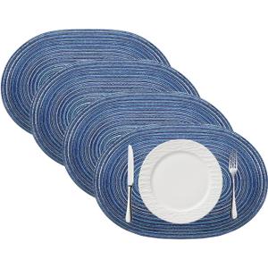 Woven Placemat Set of 4, Oval Place Mats, 12"X18" Wipeable Placemats, Heat-Resistant Durable Table Mats for Dining Table Easy to Clean (Blue)