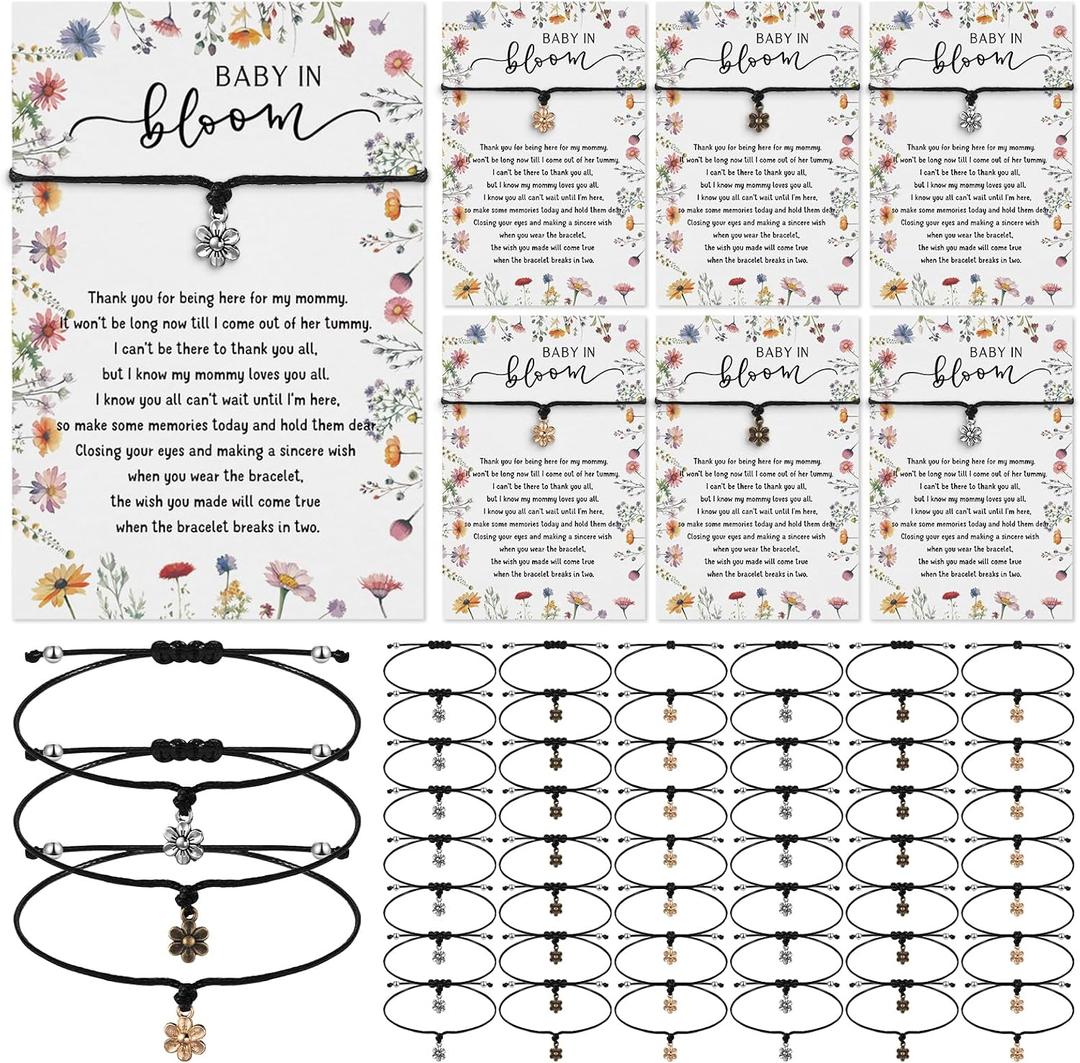 Landical Wildflower Baby Shower Favors for Guests Little Wildflower Baby in Bloom Bracelets Adjustable Flower Wish Bracelet 3 Colors with Thank You Card for Gender Reveal Thank You Gifts