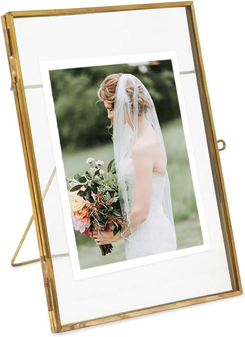 Gold Picture Frame - Antique Brass Postcard Picture Frame for Desk - Small Pressed Glass Frame for Pressed Flowers - Floating Vertical (Gold, 5x7 inches)