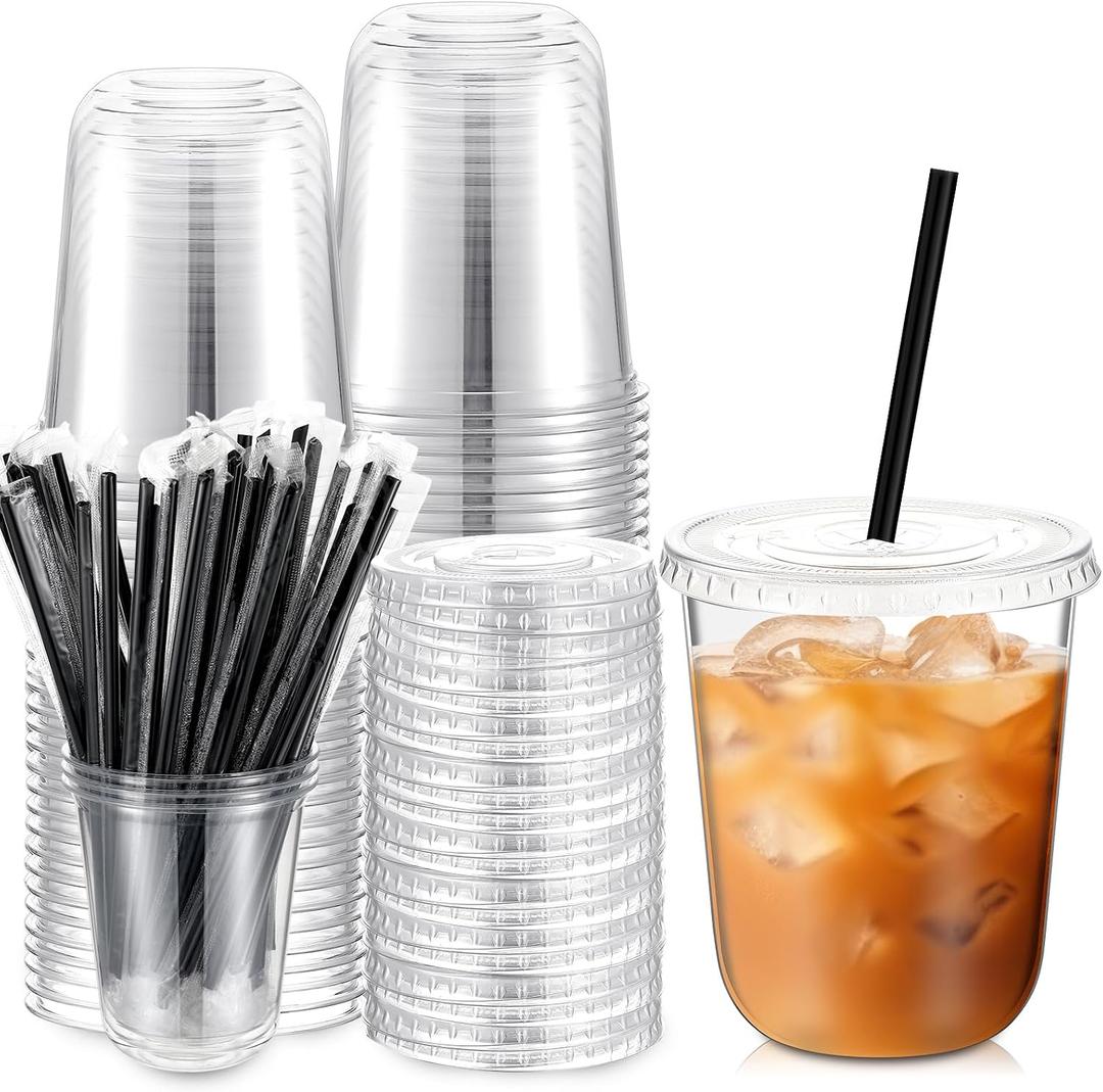 Ziliny 50 Set Clear Plastic Cups with Lids and Straws, PET Disposable Iced Coffee Cups for Drinking Cold Beverage Juice Parfait Smoothie Milkshake Shop Party Supplies (Clear Cup,Black Straw,14 oz)