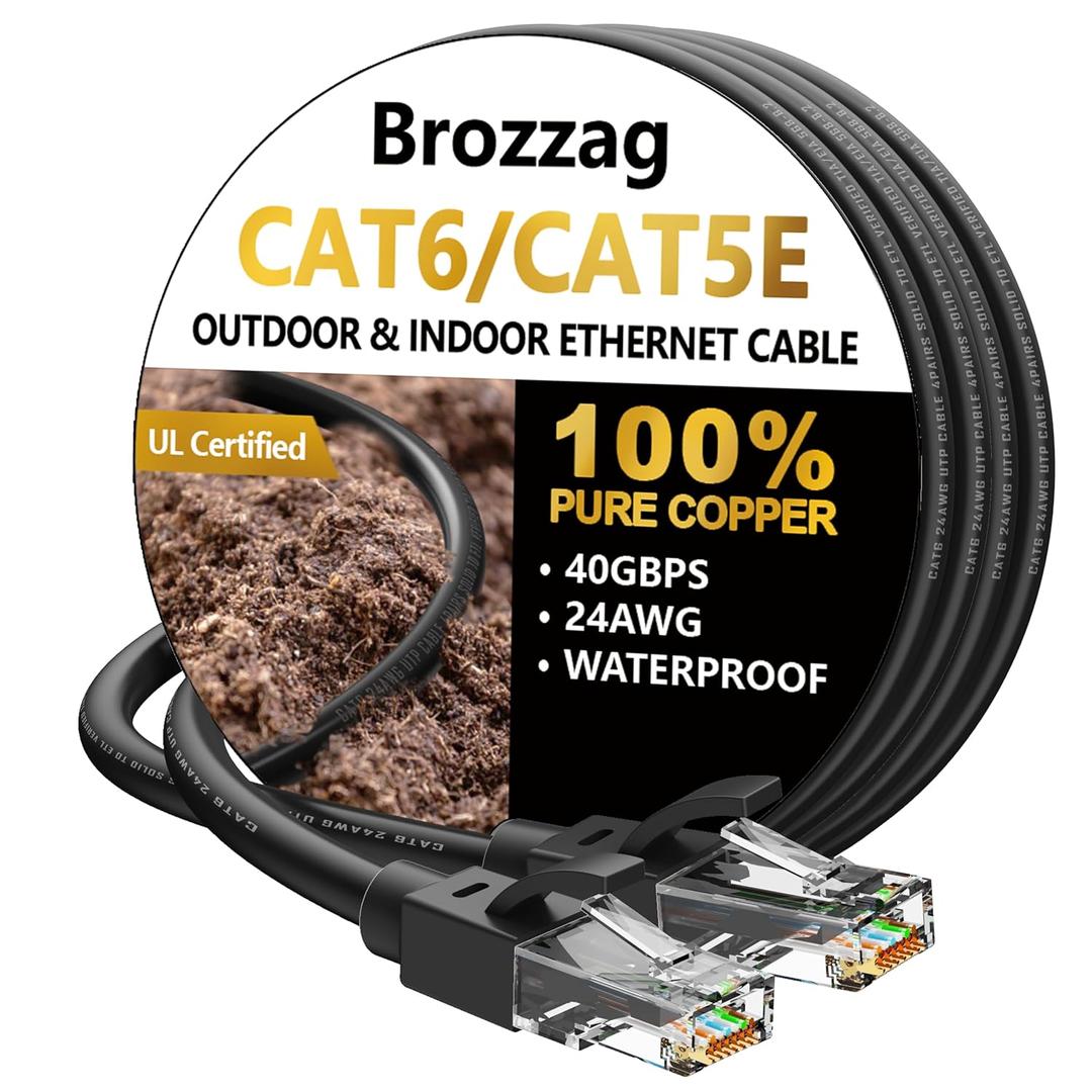 Ethernet Cable 25ft For Cat6/Cat5E, 40Gbps Support Cat8/Cat7, 24AWG Pure Copper, UL Certified Network Cable, Direct Burial Waterproof & UV Resistant, High Speed RJ45 LAN Cord -POE/Modem/Router, Black