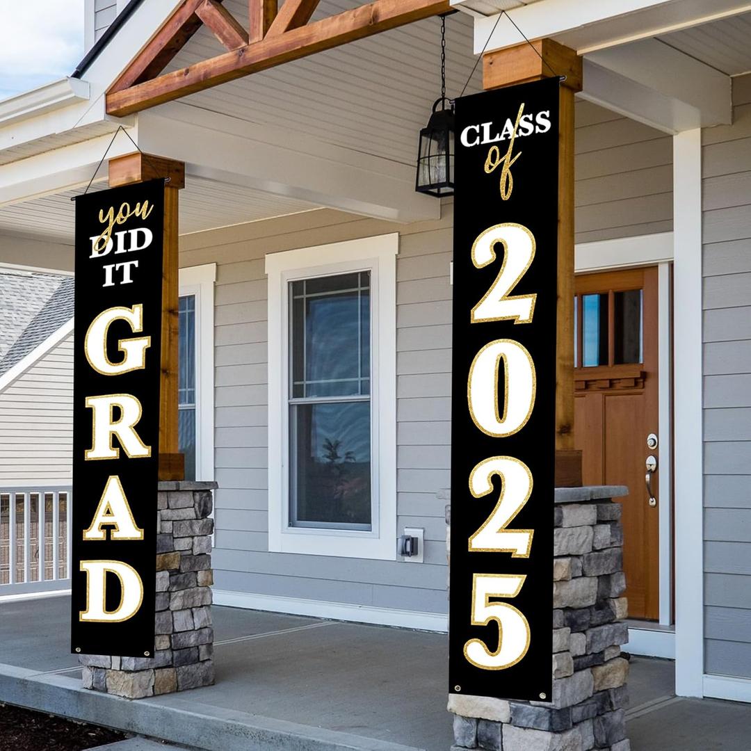 Graduation Decorations 2025 Banner Porch Sign Black Gold  You Did It Class of 2025 Graduates Party Supplies | Congrats Grad Front Door or Yard Porch Signs Decor | Graduation Banners for Party Decorations (Black White Gold)