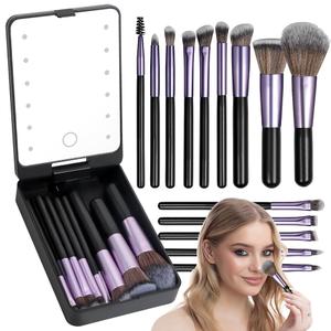 ElectricWise 12 Pcs Travel Makeup Brush Set with LED Light Mirror, Cosmetic Makeup Brushes Kit with Holder Case and Mirror, Foundation Powder Concealers Eye Shadows Makeup Brush Set(Black)