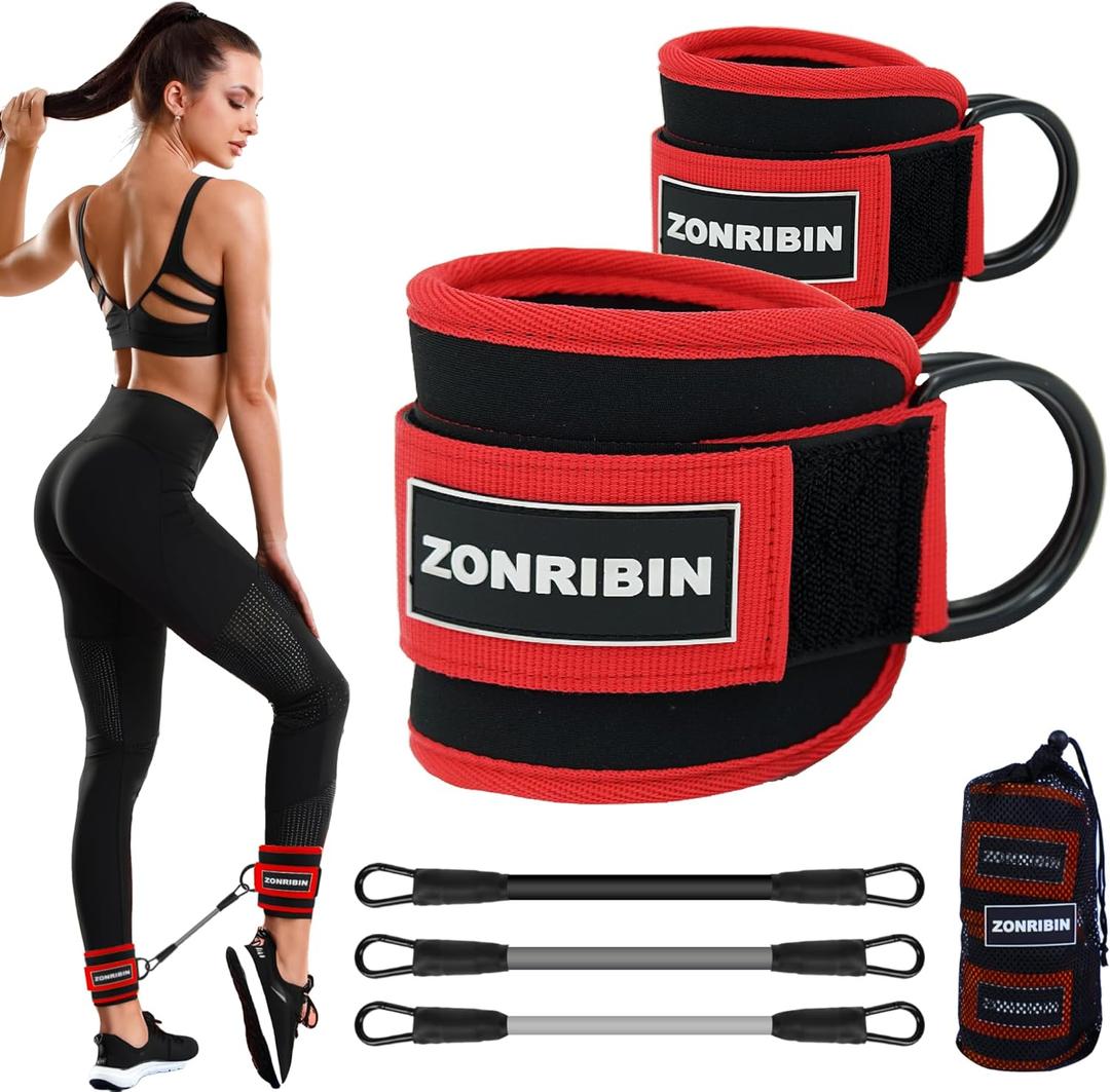 ZONRIBIN Ankle Resistance Bands with Cuffs - Glute Workouts: Kickbacks, Leg Extensions, Hip Abductors (Red, Ankle Strap)