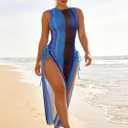 Women's Sheer Mesh Swimsuit Bikini Bathing Suit Cover Up Sexy Double Slit See Through Flowy Beach Long Dress Blue