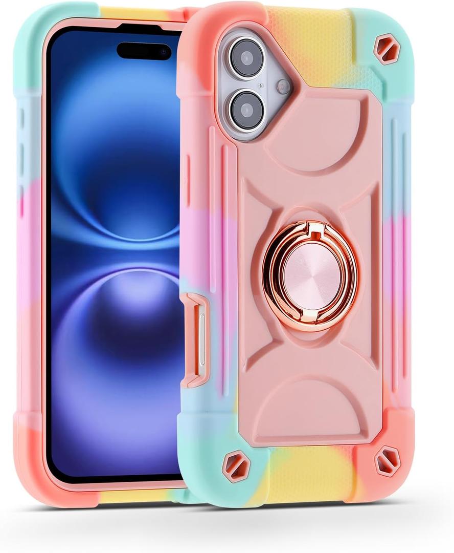 MARKILL Compatible with iPhone 16 Plus Case 6.7 Inch with 360 Degree Rotate Ring Stand, Military Grade Drop Protection Full Body Rugged Protective iPhone 16 Plus Case Kids (Rainbow Pink)