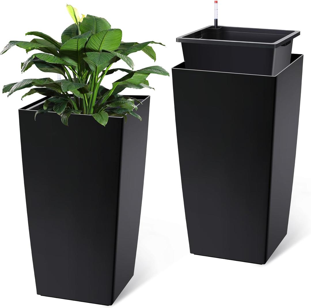 30" Tall Planters Set of 2, OutdoorIndoor Black Planter Pots, High Front Porch Planter Pots with Drainage HolesWater Level MonitorInner Bucket, Automatic Watering, Black