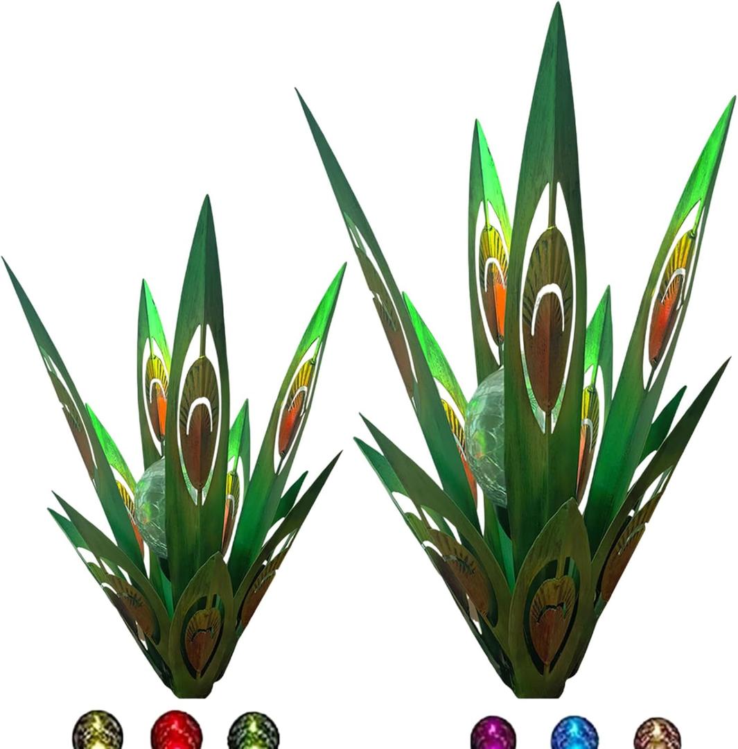 Jesokiibo 2pcs Tequila Sculpture Metal Agave Plant Home Decor Rustic Hand Painted Figurines Yard Decorations Lawn OrnamentsMulti-Color LED Solar Light Green (Green), 12 inches x 16 inches