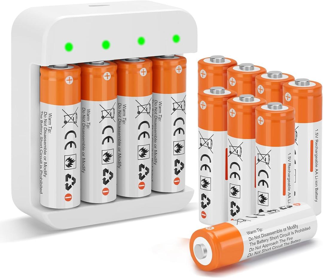 12 Pack Rechargeable 1.5V AA Size Lithium Batteries for Blink Camera, Long-Lasting Double A Battery 2600mWh with 2H Fast Charger (4 Bay Independent Slot)