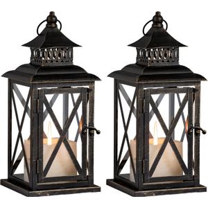 DECORKEY Lantern Decorative Indoor & Outdoor, 2 Pack Large Hanging Candle Lanterns Home Decor, Vintage Metal Candle Holders for Front Porch Patio Wedding Party, Halloween Christmas Decorations (Black) (Black / 14.8'')