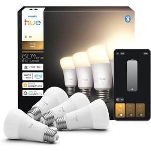 Philips Hue Smart LED A19 Bulb 4-Pack, Warm White Light 2700K, E26 Base, 9W, 810 Lumens, Dimmable, Works with Alexa, Google Assistant, and Apple Home