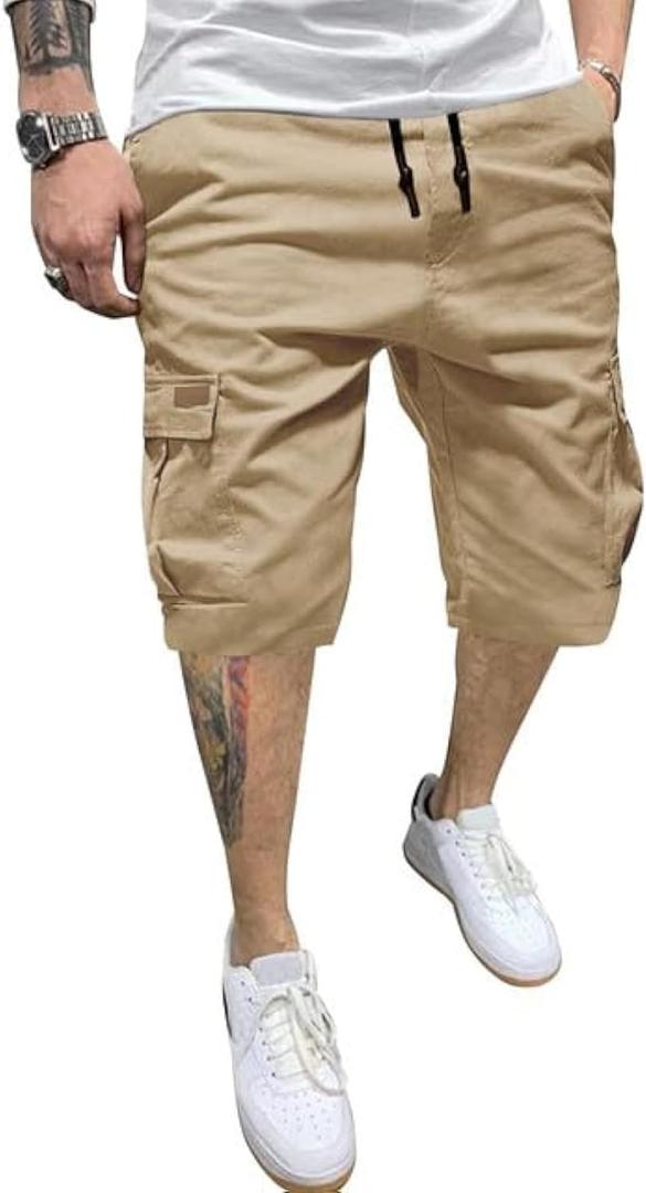 JMIERR Mens Casual Twill Cargo Shorts Cotton Drawstring Classic Cargo Chino Stretch Short with 6 Pockets for Men, US38(XL), A Khaki