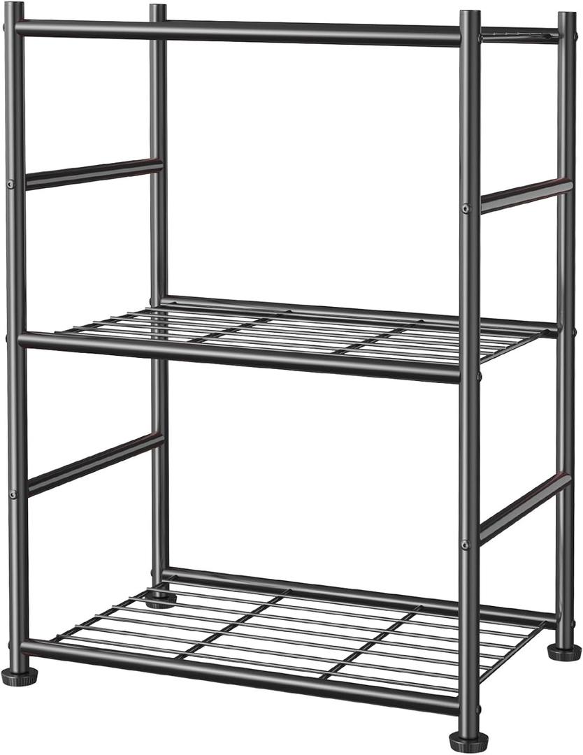3-Tier Metal Storage Shelves - Space-Saving Shelf Organizer for Small Spaces, Compact Shelving Unit with Adjustable Feet for Kitchen, Garage, Laundry Room, Black